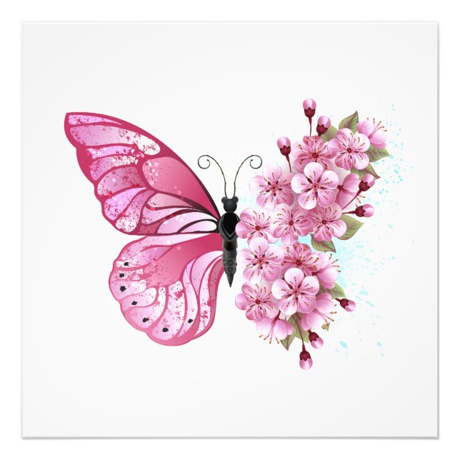 Foto Mariposa de flores con Sakura rosa (Frente)