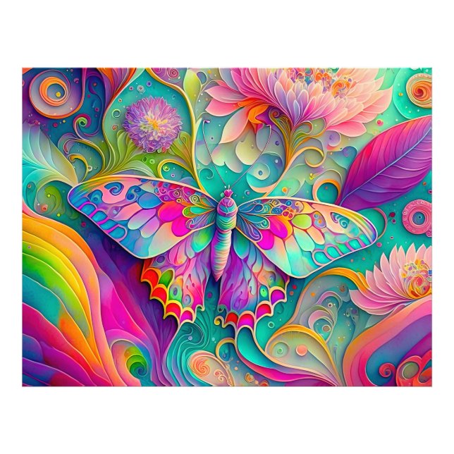 Foto Mariposa y flores psicodélicas coloridas (Frente)