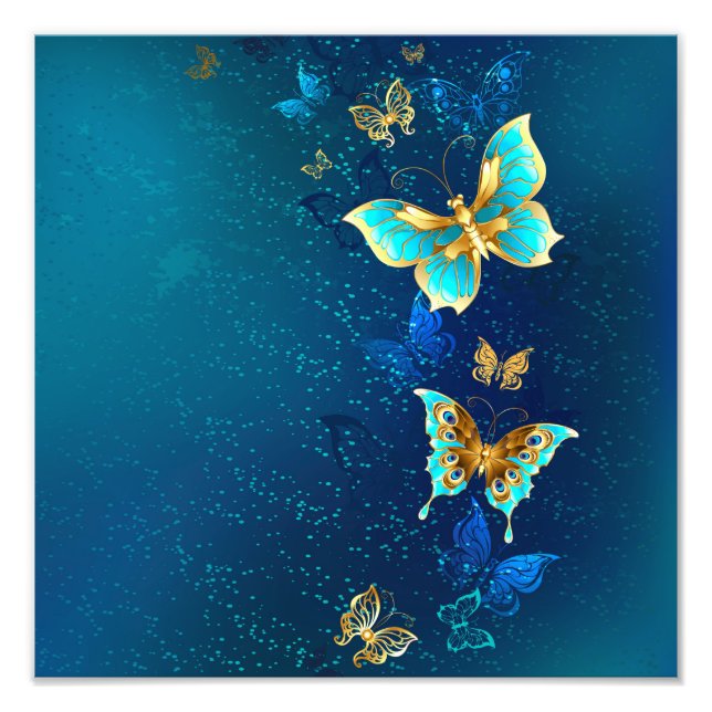 Foto Mariposas doradas sobre fondo azul (Frente)
