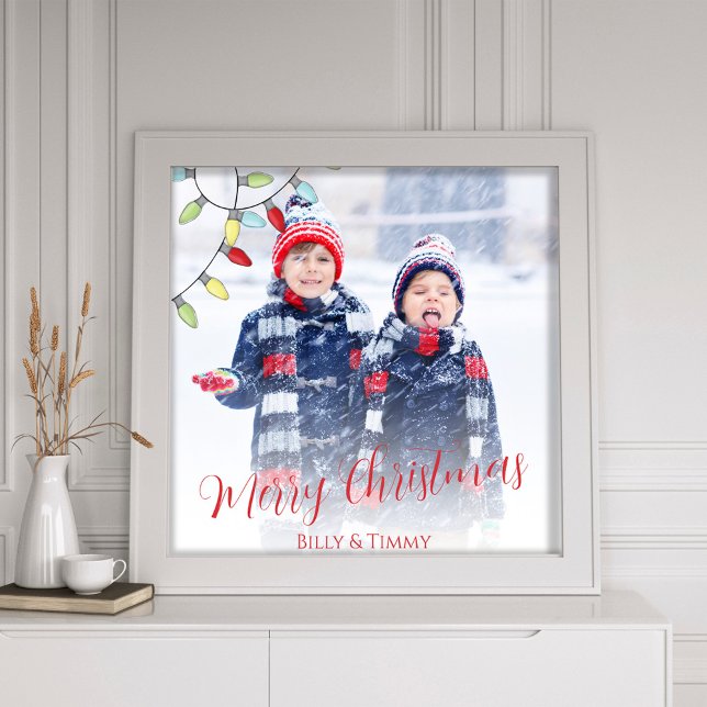 Foto Merry Christmas Cute Colorful String Lights (Merry Christmas calligraphy script photo print with a string of lights. )