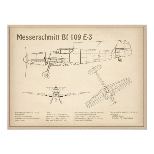 Foto Messerschmitt Bf 109 - Airplane Blueprint SD (Frente)
