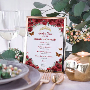 Foto Moda Floral Rojo Oro Quinceanera Menú de bebidas