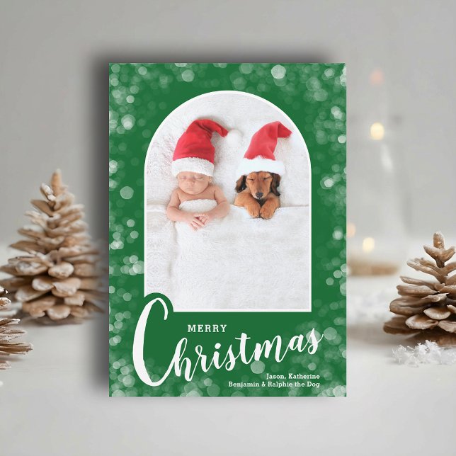 Foto Moderna Arqueada en Verde de Navidad (Modern arched photo on green Merry Christmas holiday cards, PRINTED and/or INSTANT DOWNLOAD)