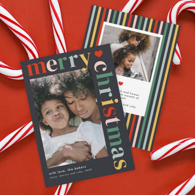 Foto moderna de Navidad alegre y colorida (A modern colorful typography 2 photo merry Christmas holiday card.)