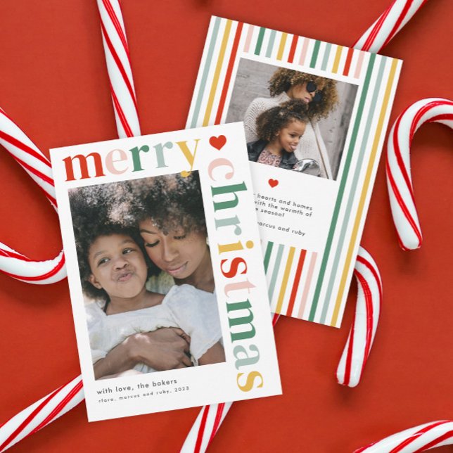 Foto moderna de Navidad alegre y colorida (A modern colorful typography 2 photo merry Christmas holiday card.)