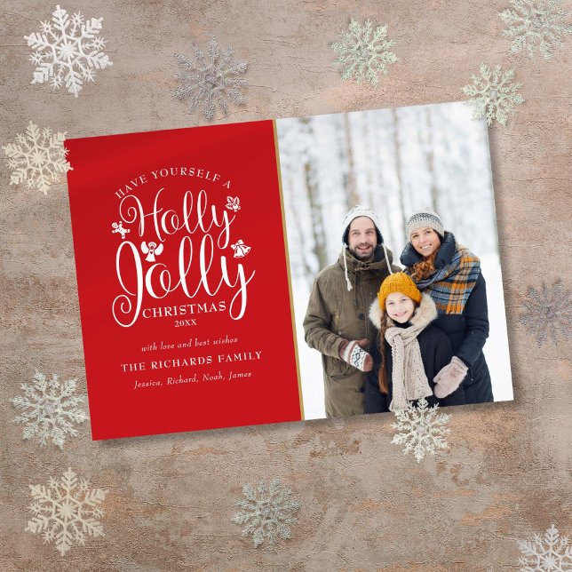 Foto moderna de Navidad con guión Holly Jolly (Christmas Holly Jolly Script Modern Photo Holiday Card)