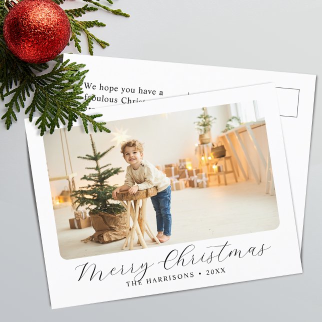 Foto moderna de Navidad con letra script (Modern Script Merry Christmas Photo Holiday Postcard)