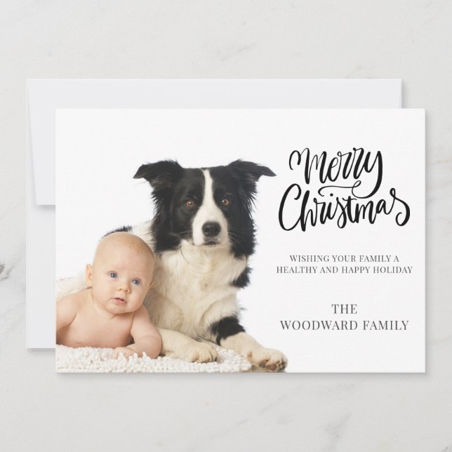 Foto moderna de Navidad de bebé y perro (Anverso)