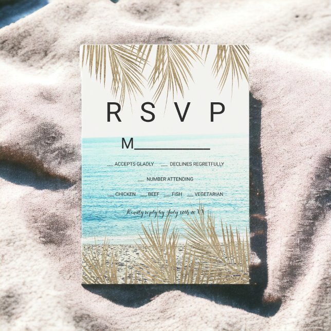 Foto moderna de playa de palmeras doradas RSVP bod (Modern gold palm tree beach photo RSVP wedding)