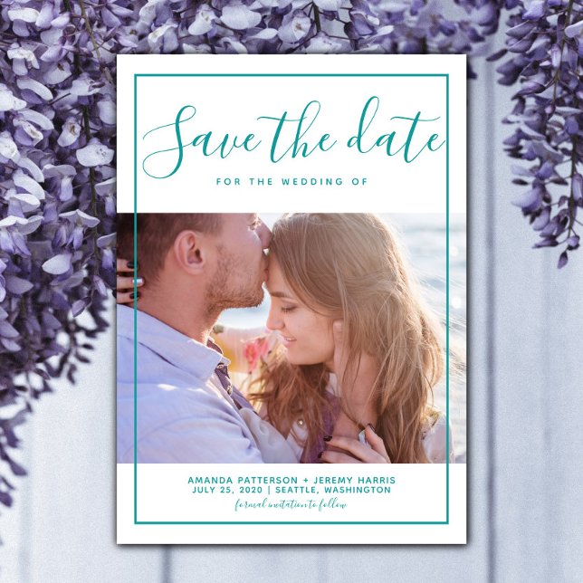 Foto moderna enmarcada Guardar la invitación de fe (Teal Modern Framed Photo Save the Date)