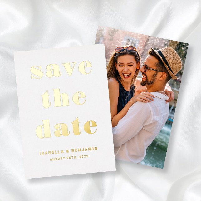 Foto Moderna Guardar La Tarjeta De Relieve metaliz (Modern Photo Save The Date Gold Foil Card)