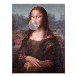 Foto Mona Lisa soplando chicle de burbuja gris
