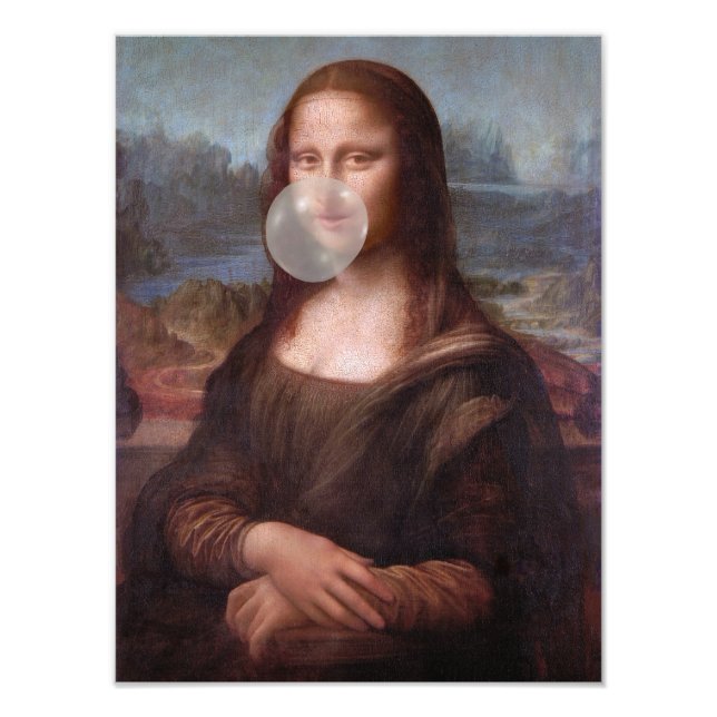 Foto Mona Lisa soplando chicle de burbuja gris (Frente)