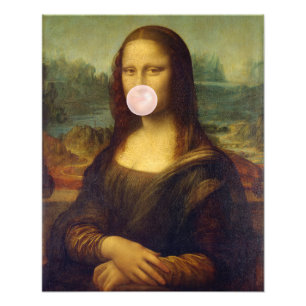 Foto Mona Lisa Soplando chicle rosa en burbujas