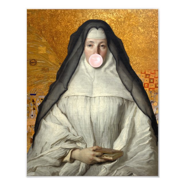 Foto Monja soplando un chicle rosa (Frente)
