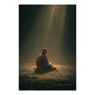 Foto Monje Meditando Rayos del Amanecer Dorado