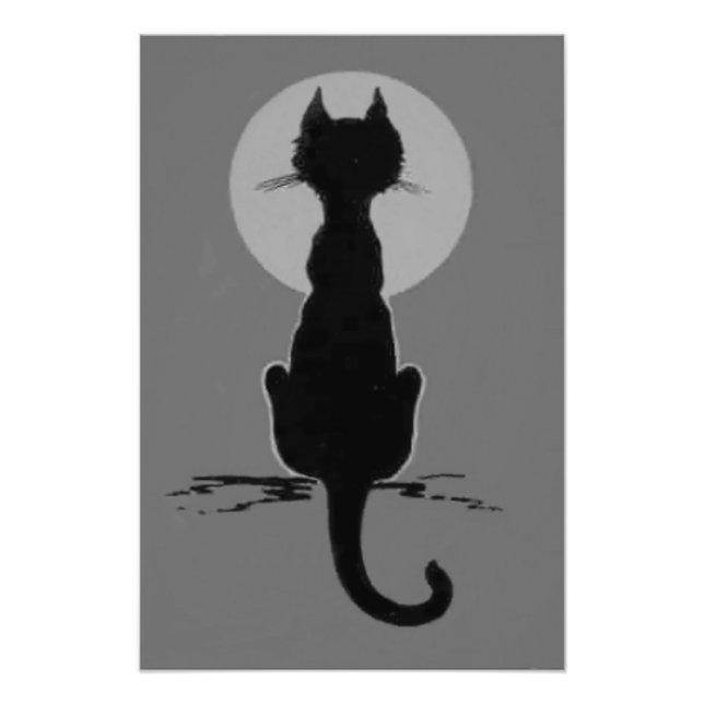 Foto Monocromo Negro Y Blanco Gato Negro Luna Llena (Frente)