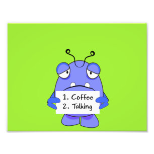 Foto Monstruo azul con Rótulo de reglas del café matu
