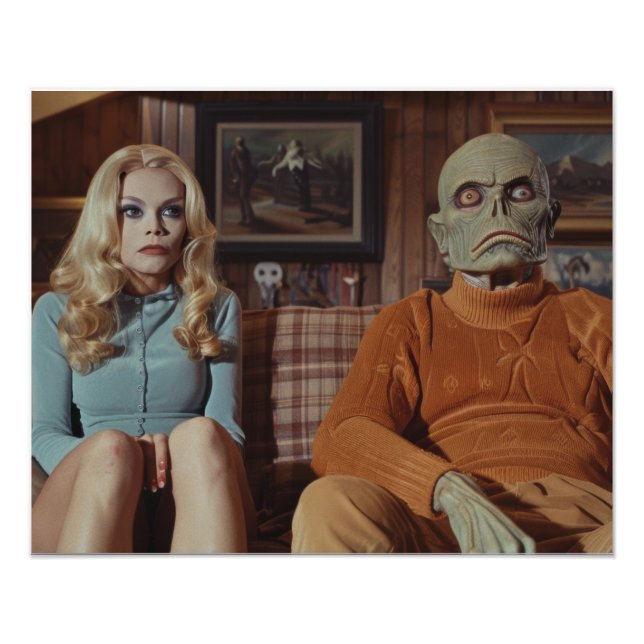 Foto Monstruo y mujer en sofá de los años 70 (Frente)