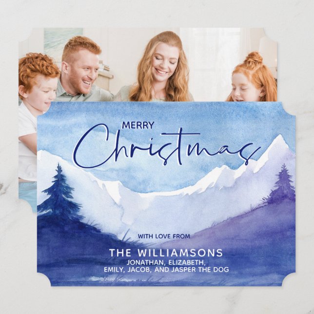 Foto Montañas Snowy Tarjeta navideña de Feliz Navi (Anverso / Reverso)