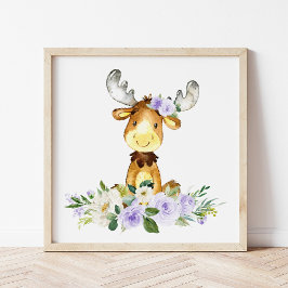 Foto Moose, Woodland Animals, Boho, Purple Flowers
