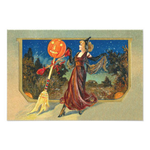 Foto Mujer bailando con escoba de calabaza Linterna de