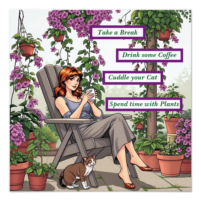 Foto Mujer bonito bebiendo café, su perro y sus plantas (Frente)