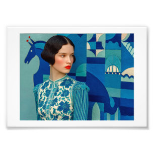 Foto Mujer con vestido azul floral, pintura de caballo