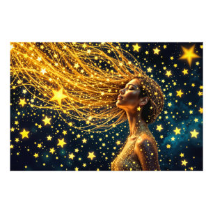 Foto Mujer cósmica con pelo dorado estrellado brillante