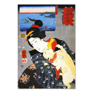 Foto Mujer de Kuniyoshi con una impresión del gato