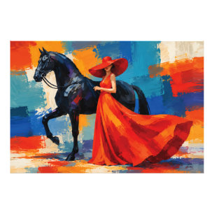 Foto Mujer elegante en rojo con caballo negro