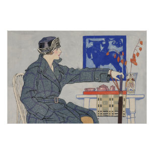 Foto Mujer en un café con pintura de época de paragua