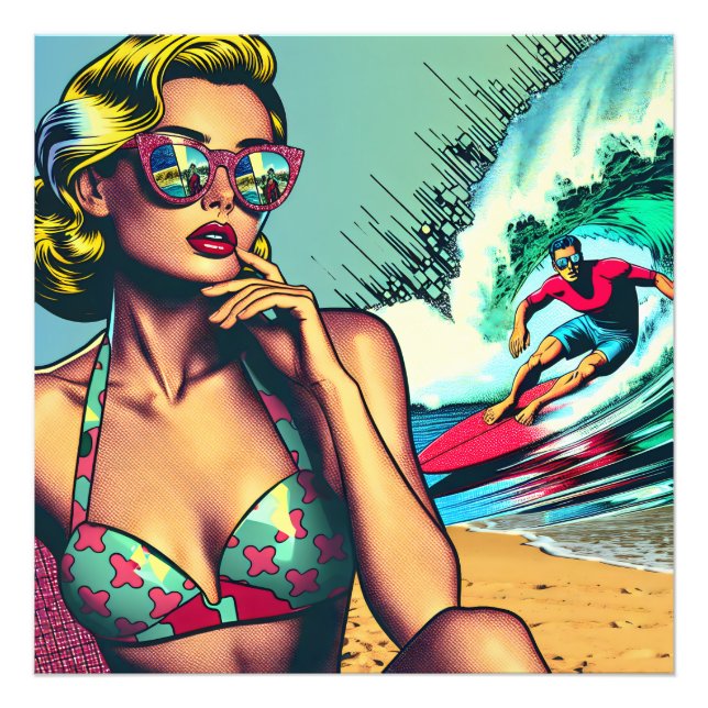 Foto Mujer retro rubia y hombre surfista (Frente)