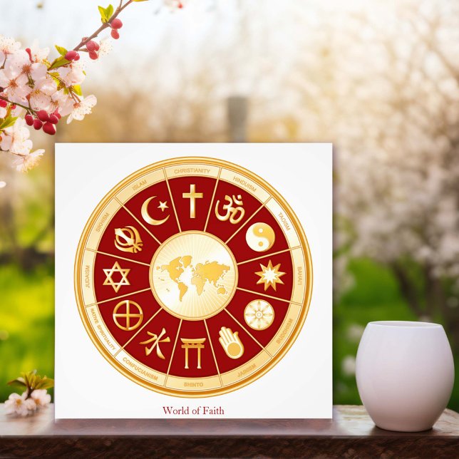 Foto Mundo de fe (World of Faith Photo Print.
Gold symbols of international religions surround a world map. )