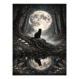 Foto Mystical Black Cat Under Full Moon Forest Poster
