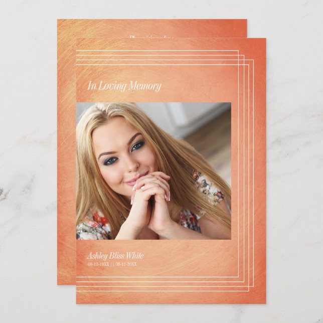 Foto Naranja de invitaciones funerarias Faux Metal (Anverso / Reverso)