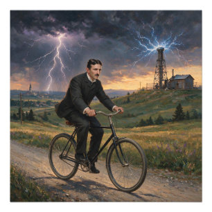 Foto Nikola Tesla montando bicicleta hacia su laborator