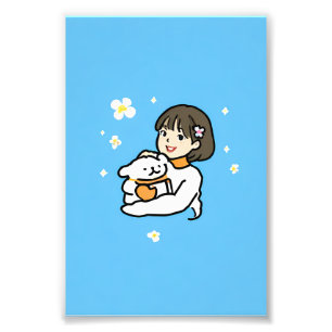 Foto Niña abrazando a un perro blanco sobre azul