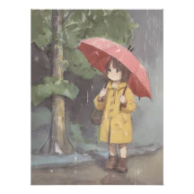Niña con paraguas rojo en un bosque lluvioso