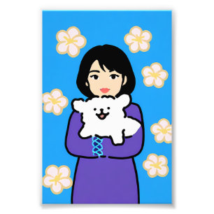 Foto Niña con perro blanco y flores de margarita