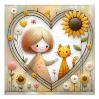 Niña Dulce y Gato Gingér con Girasoles
