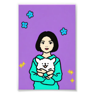 Foto Niña y cachorro blanco con flores coloridas