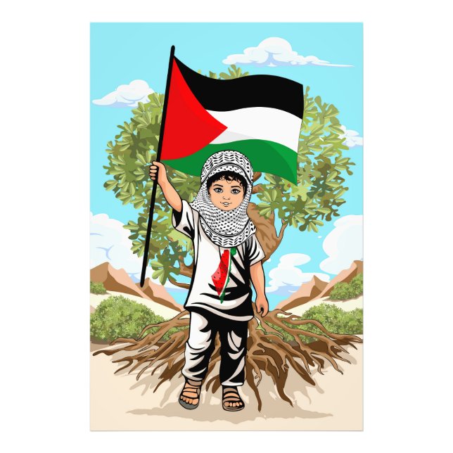 Foto Niño con bandera palestina de Keffiyeh y olivo (Frente)