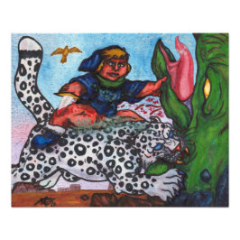 Foto niño fantasía montando gato luchando con dragón y 