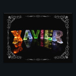 Foto Nombre Xavier - Nombre en Luces (Fotografía)<br><div class="desc">¡Un poco de magia para el Xavier en tu vida! El nombre de Xavier se refleja en el agua fija, con hexágonos de Relieve metalizado flotante. Las letras parecen esculpidas de hielo o cristal. Esta imagen es una fotografía de cartas hechas a mano, que cambian al azar, produciendo patrones únicos...</div>