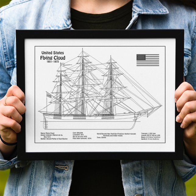 Foto Nube de vuelo del buque Clipper - Paquete Blueprin (Clipper Ship Flying Cloud - Ship Blueprint BD. Photo Print)