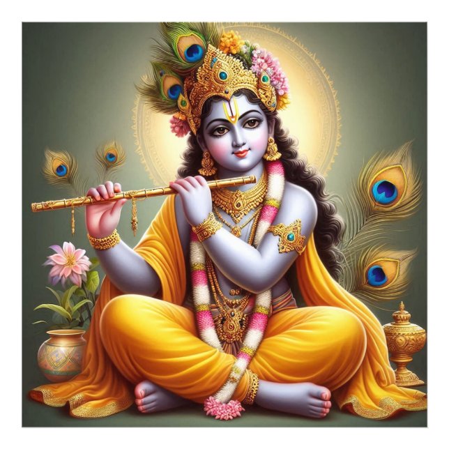 Foto Ornate Golden Serene Krishna Flute Art (Frente)
