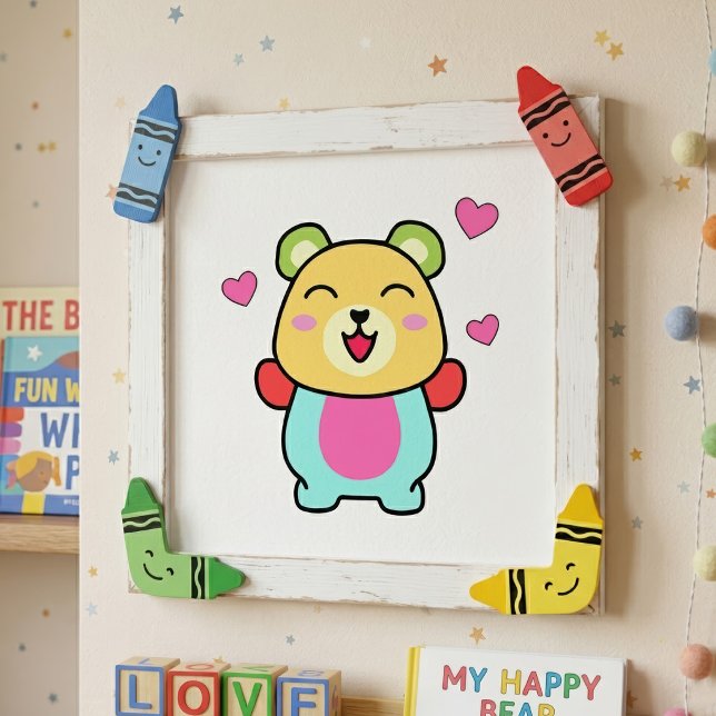 Foto Osito Kawaii sonriente con Corazones de Amor (Cute smiling Kawaii Teddy Bear with Love Hearts. Photo Print)