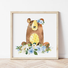 Foto Oso, Animales Woodland, Boho, Flores Azules