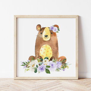 Foto Oso, Animales Woodland, Boho, Flores Púrpura